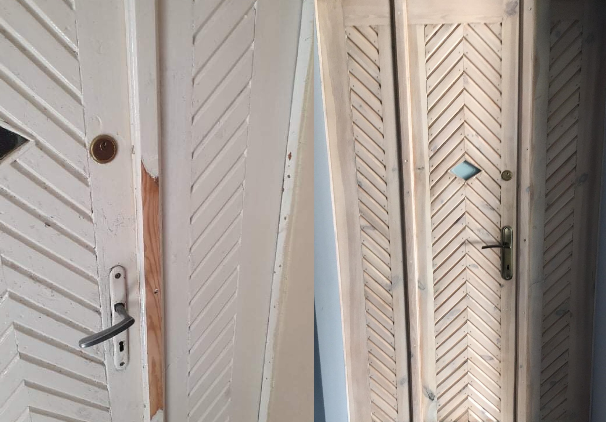 Renowacja starych drzwi wejsciowych. Usuwanie wielu powłok farby, wykończenie bielonym lakierem.