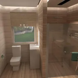 Nowoczesna łazienka z drewnopodobnymi płytkami, kabiną prysznicową typu walk-in, toaletą i grzejnikiem drabinkowym. Okno z roletą i widokiem na zieleń.