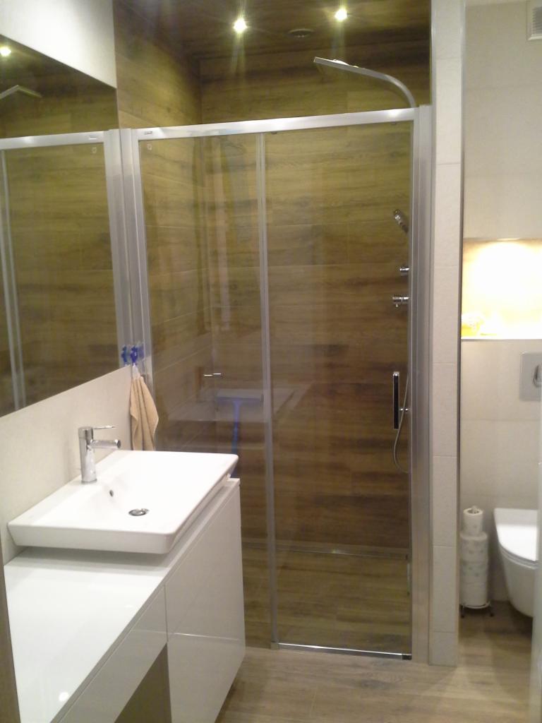 Nowoczesna łazienka z kabiną prysznicową w stylu drewna, biała umywalka nablatowa i szafka. Oświetlenie punktowe. Minimalistyczny design.