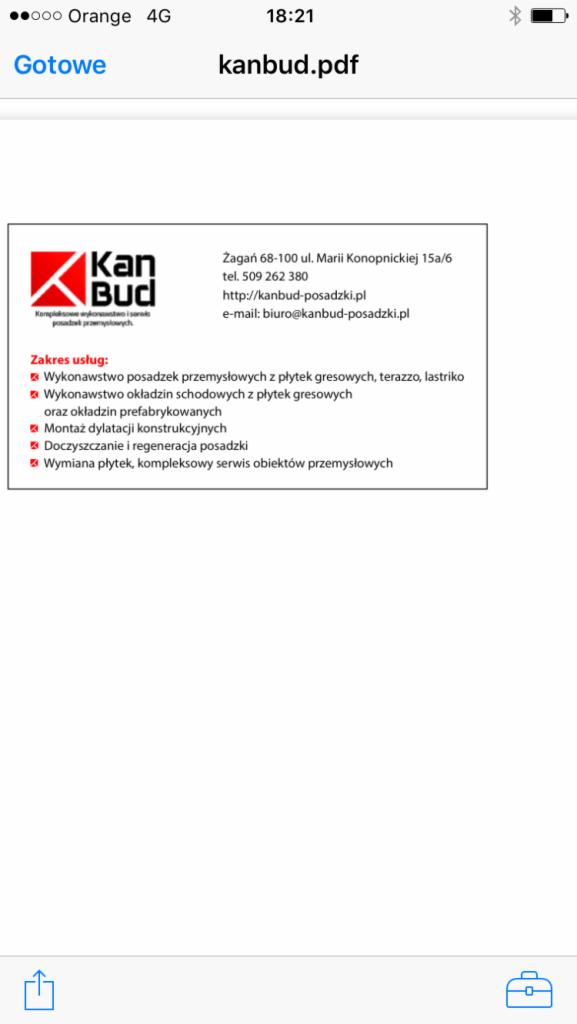 Wizytówka firmy Kan-Bud z ofertą wykonawstwa posadzek przemysłowych, okładzin schodowych, montażu dylatacji, doczyszczania i wymiany płytek. Dane kontaktowe.