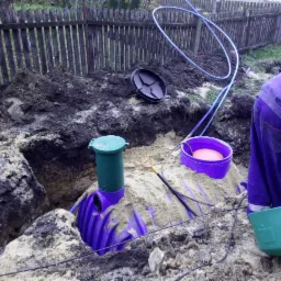 Fioletowy zbiornik z zieloną pokrywą częściowo zakopany w wykopie, obok leżące narzędzia i niebieski przewód, widoczny fragment roboczego ubrania.