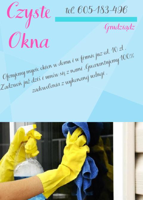 Osoba w żółtych rękawicach czyści okno płynem i ściereczką. Widoczny fragment reklamy z napisem 'Czyste Okna' i numerem telefonu.