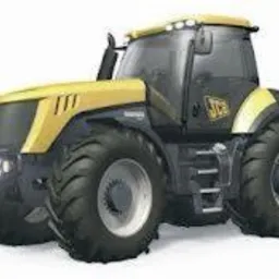 Żółto-czarny traktor rolniczy JCB Fastrac z widocznymi oponami, kabiną i maską silnika na białym tle.