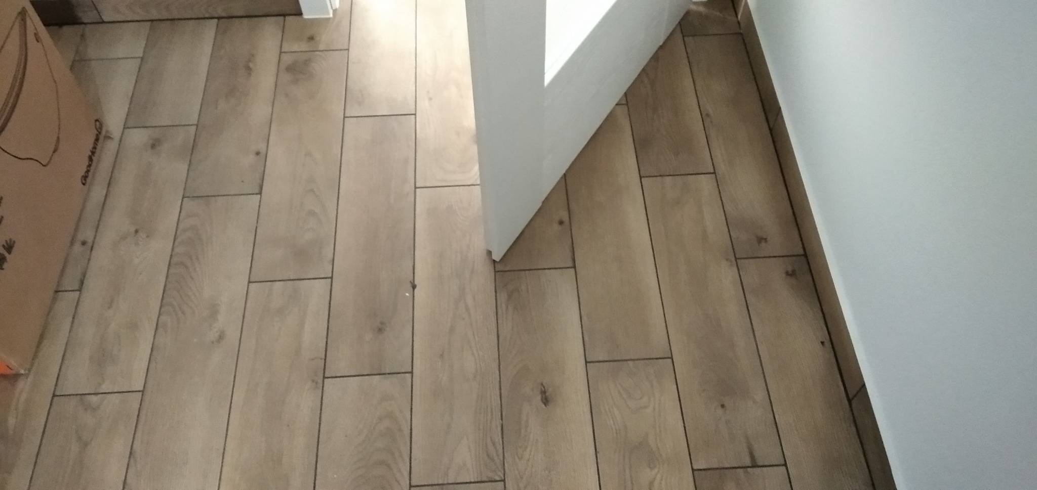 Ułożona podłoga z paneli imitujących drewno, widoczny fragment białej ściany i częściowo otwarte białe drzwi, karton w rogu.