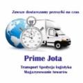 Grafika: Biała ciężarówka na tle globu, stoper, napis 'Prime Jota Transport Spedycja Logistyka Magazynowanie Towarów' i hasło 'Zawsze dostarczamy przesyłki na czas'.