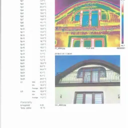 Termowizyjny obraz elewacji budynku z zaznaczonymi punktami pomiarowymi temperatury oraz odpowiadające im wartości, poniżej zdjęcie tej samej elewacji w świetle widzialnym.