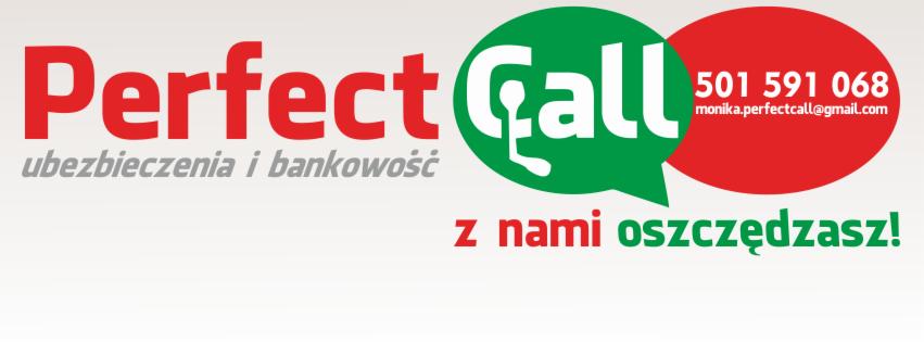 Kolorowe logo Perfect Call z hasłem 'z nami oszczędzasz!', numerem telefonu i adresem e-mail. Oferta usług z zakresu ubezpieczeń i bankowości.