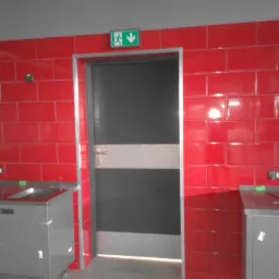 Szare drzwi z poziomym białym pasem w czerwonej, wykafelkowanej ścianie, z zielonym znakiem ewakuacyjnym powyżej, umieszczone w pomieszczeniu z szarą podłogą i stalowymi szafkami.