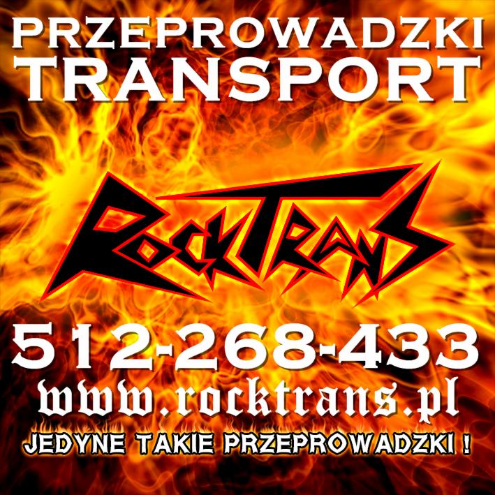 Grafika firmy RockTrans z płomieniami w tle, oferującej przeprowadzki i transport. Widoczny numer telefonu i adres strony internetowej.