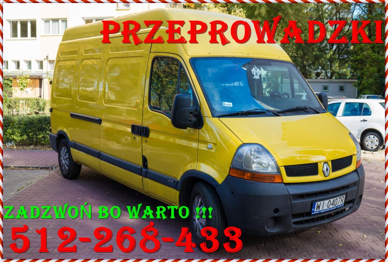 Żółty bus Renault Master z numerem telefonu i napisem 'Przeprowadzki' na tle budynku i drzew. Reklama firmy transportowej.