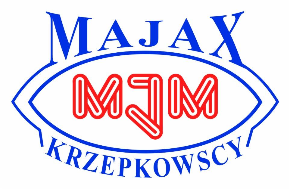Logo firmy MAJAX KRZEPKOWSCY z czerwonym napisem MJM w niebieskiej obwódce w kształcie oka na białym tle.