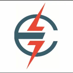 Logo firmy elektrycznej: stylizowany okrąg z błyskawicą w kolorach czerwonym i szarym.