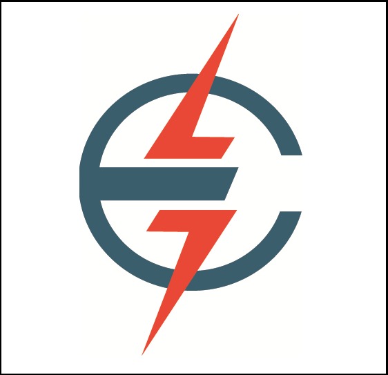 Logo firmy elektrycznej: stylizowany okrąg z błyskawicą w kolorach czerwonym i szarym.
