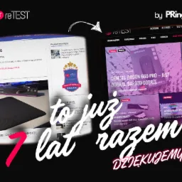 Porównanie dwóch wersji strony internetowej reTEST z okazji 7 lat istnienia, widoczne logo reTEST i by PRing, po lewej starsza wersja z artykułem o podkładce pod mysz, po prawej nowsza wersja...
