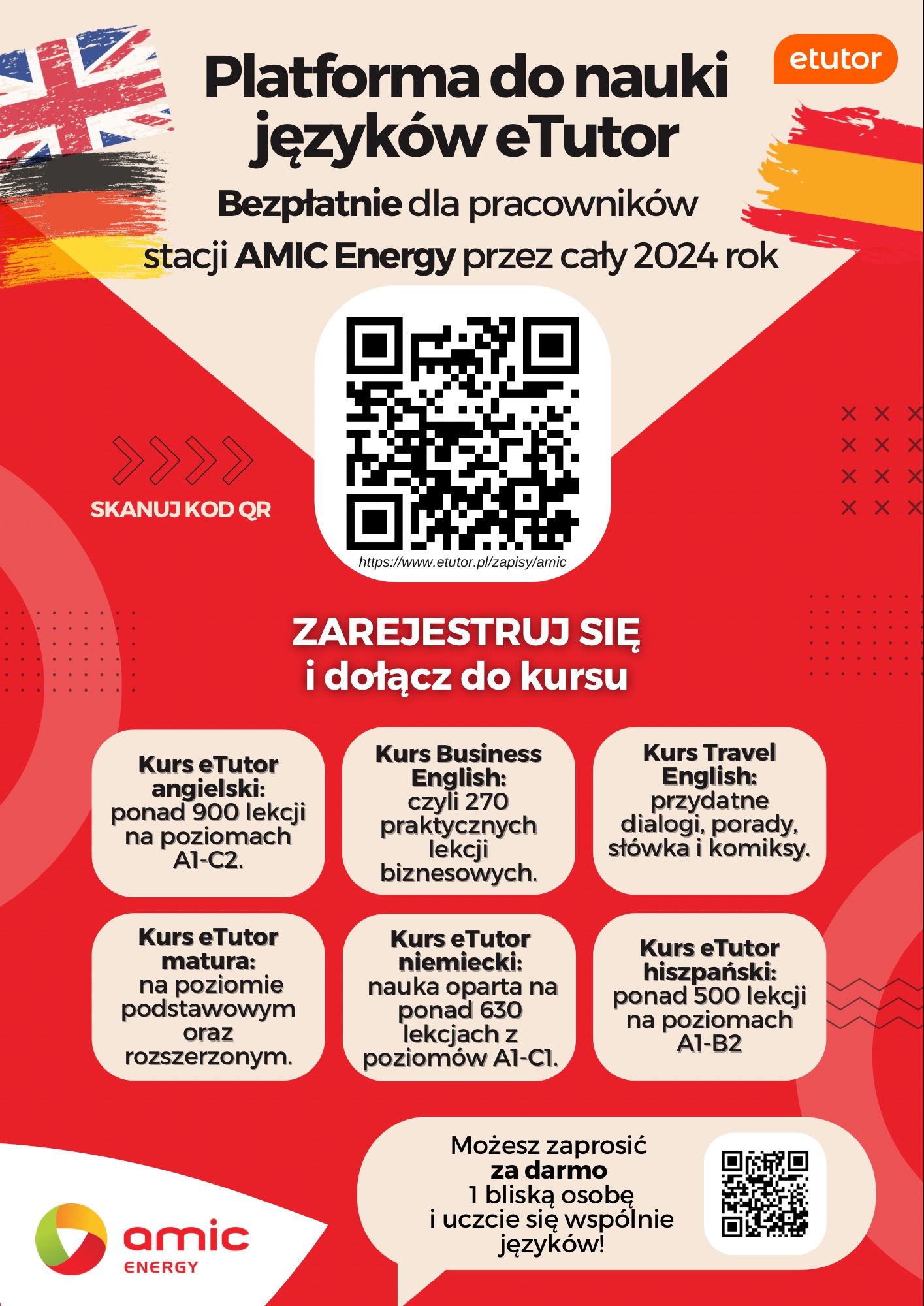 Grafika reklamowa platformy eTutor oferującej kursy językowe dla pracowników AMIC Energy w 2024 roku, z kodem QR do rejestracji i informacjami o kursach angielskiego, biznesowego angielskiego...