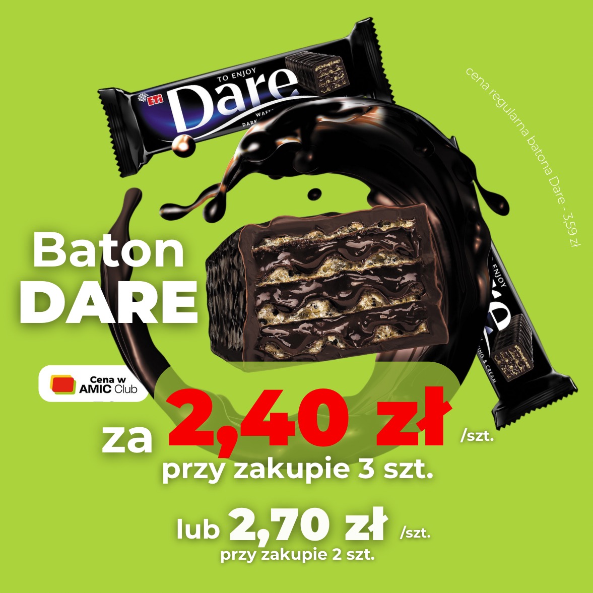 Promocyjna grafika batona Dare z polewą czekoladową, prezentująca cenę 2,40 zł przy zakupie 3 sztuk, na jasnozielonym tle z elementami płynnej czekolady.