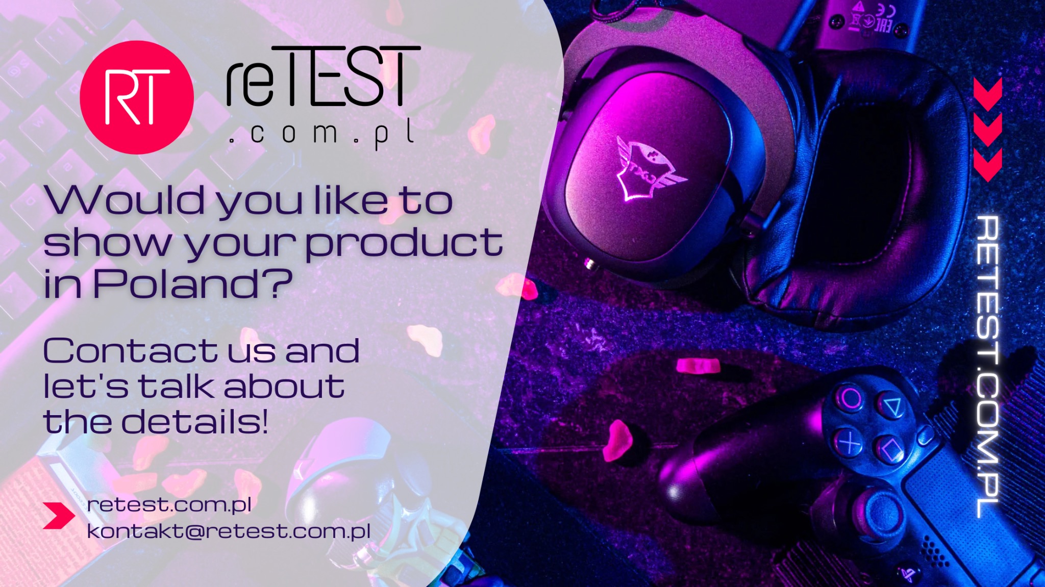 Reklama firmy reTEST.com.pl oferującej testowanie produktów w Polsce, widoczne słuchawki gamingowe, pad do konsoli i fragment klawiatury, całość w fioletowo-niebieskiej tonacji.