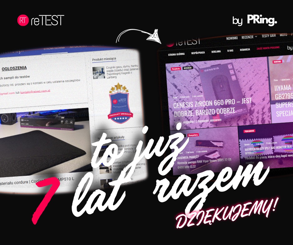 Porównanie dwóch wersji strony internetowej reTEST z okazji 7 lat istnienia, widoczne logo reTEST i by PRing, po lewej starsza wersja z artykułem o podkładce pod mysz, po prawej nowsza wersja...