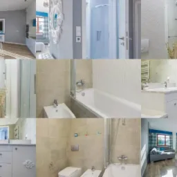 Mozaika zdjęć prezentująca wykończone wnętrza: łazienki z beżowymi płytkami, kabiny prysznicowe, umywalki oraz salon z jadalnią w szaro-błękitnej tonacji.