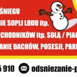 Baner reklamowy usług odśnieżania: wywóz śniegu, skuwanie sopli, posypywanie chodników solą/piachem, odśnieżanie dachów, posesji, parkingów. Kontakt telefoniczny i mail.