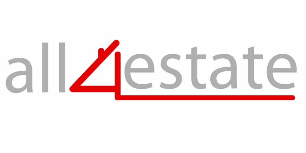 Logo firmy 'all4estate' z symbolem domu w kolorze czerwonym, nazwa firmy w kolorze szarym na białym tle.