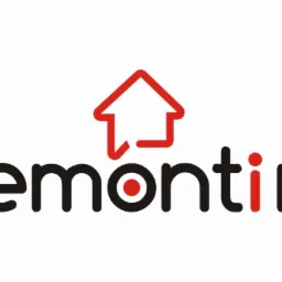 Logo firmy remontowej 'remontim' z czerwoną ikoną domu nad czarnym napisem, gdzie kropka nad 'i' i fragment litery 't' są czerwone.