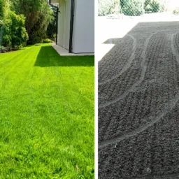Porównanie: Świeżo skoszony trawnik obok domu z przygotowanym podłożem z widocznymi śladami po bronach, gotowym pod zasiew lub rozłożenie trawy z rolki.