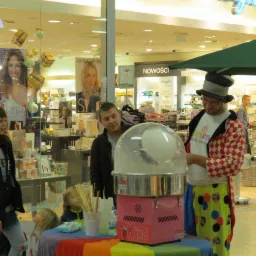 Animator w stroju klowna robi watę cukrową na tęczowym stole w centrum handlowym. W tle witryny sklepowe i osoby.