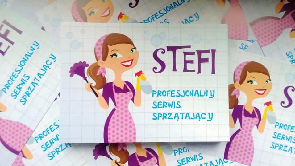 Wizytówki z grafiką uśmiechniętej kobiety w fartuchu, trzymającej środek czyszczący i miotełkę, z napisem 'Stefi. Profesjonalny serwis sprzątający'.