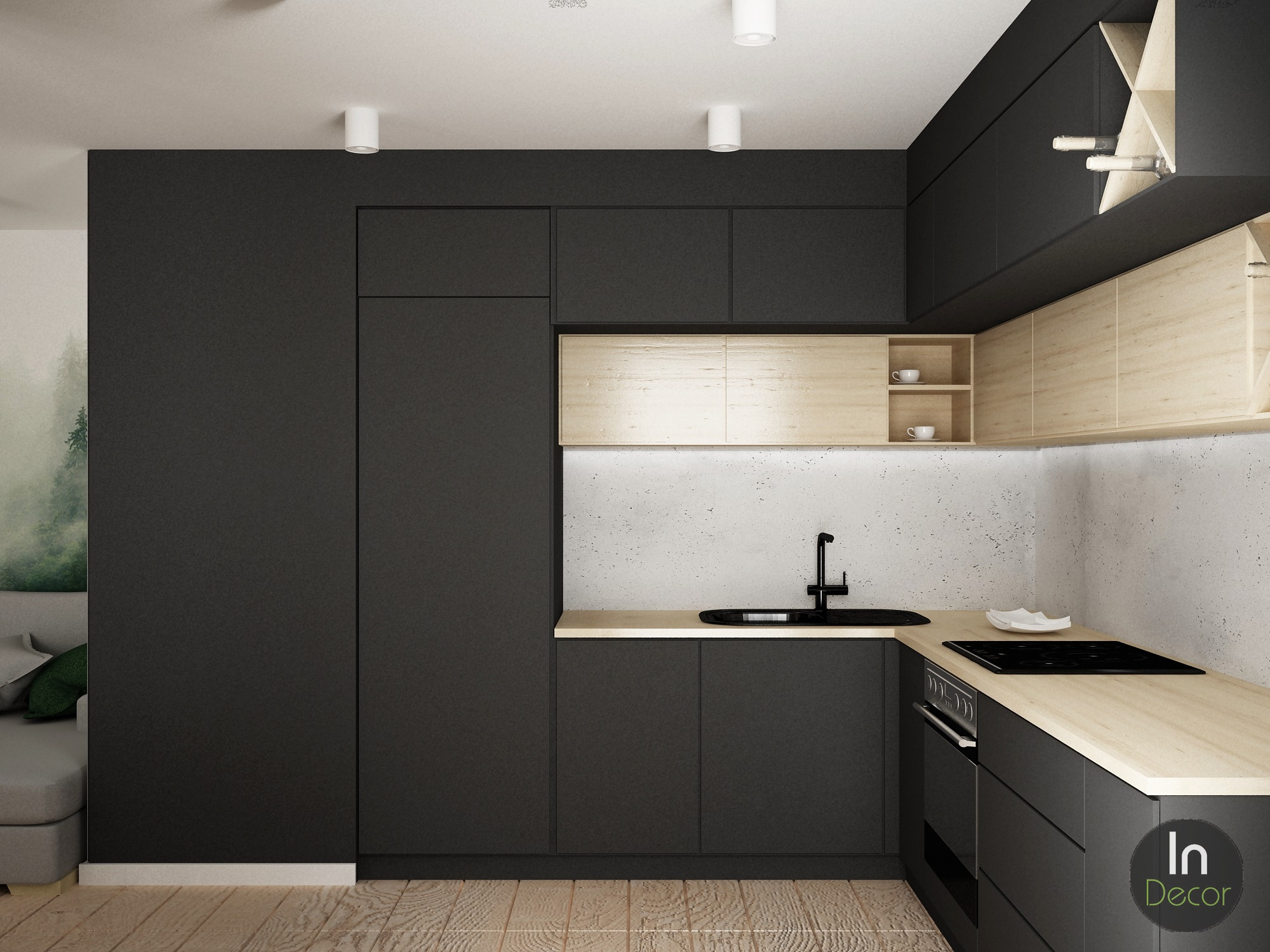 Minimalistyczna kuchnia w odcieniach szarości i drewna, z czarną armaturą i płytą indukcyjną, oświetlona punktowymi lampami sufitowymi, z butelkami wina wyeksponowanymi w górnej szafce i widocznym...