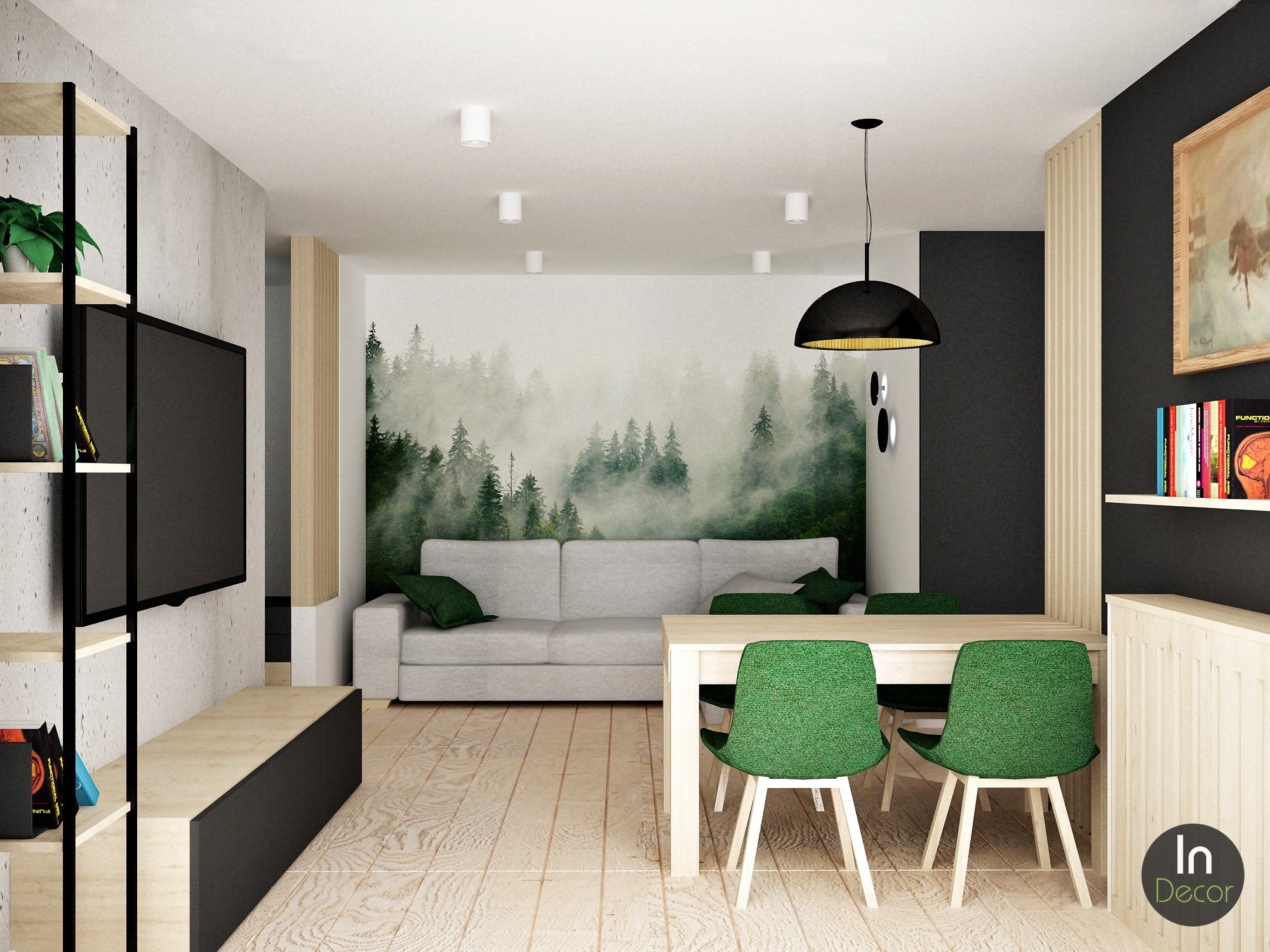 Wizualizacja salonu z tapetą leśną, szarą sofą, zielonymi krzesłami i drewnianą podłogą, oświetlonego wiszącą lampą i punktowymi reflektorami.