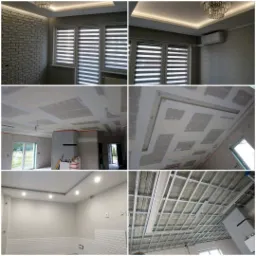 Kolaż zdjęć przedstawiających etapy prac wykończeniowych wnętrz: surowa ściana z cegły, okna z żaluzjami, klimatyzator, sufit z płyt gipsowo-kartonowych przed szpachlowaniem, sufit z ozdobnymi...