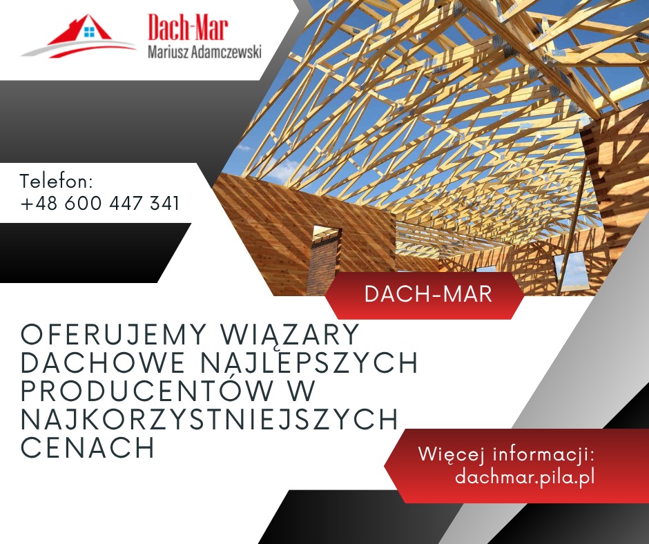 Wnętrze konstrukcji dachu z drewnianą więźbą, widok na niebo, logo Dach-Mar, numer telefonu i hasło reklamowe na grafice w odcieniach szarości i czerwieni.