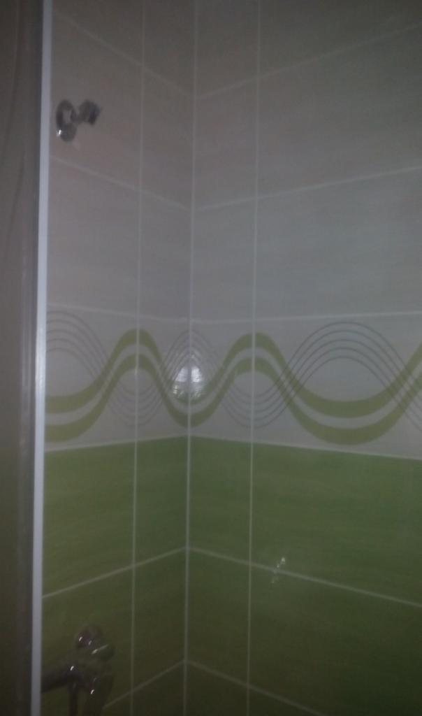 Fragment ściany w łazience wyłożonej białymi i zielonymi płytkami z motywem falistych linii, widoczna bateria prysznicowa i słuchawka.