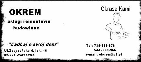 Wizytówka firmy OKREM oferującej usługi remontowo-budowlane, z adresem w Warszawie i danymi kontaktowymi oraz uproszczonym rysunkiem murarza.