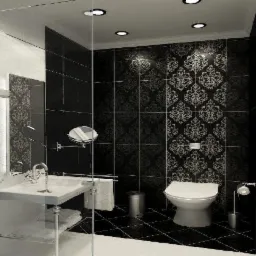 Elegancka łazienka w czerni i bieli z wzorzystymi płytkami, kabiną prysznicową ze szkła, umywalką na postumencie i toaletą. Nowoczesne oświetlenie sufitowe.