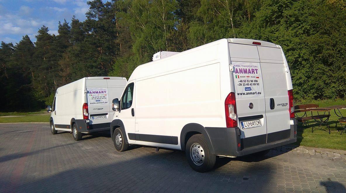 Dwa białe busy firmy transportowej Anmart na parkingu, z widocznymi numerami rejestracyjnymi i danymi kontaktowymi na tylnej części pojazdów.