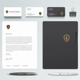 Identyfikacja wizualna firmy prawniczej: wizytówki, papier firmowy, teczka i długopisy z logo firmy Capital Legis.