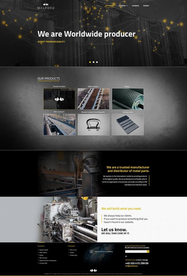 Strona internetowa firmy Malford prezentująca ofertę producenta komponentów metalowych, z widocznymi sekcjami 'Our Products', 'We are Worldwide producer' oraz danymi kontaktowymi.