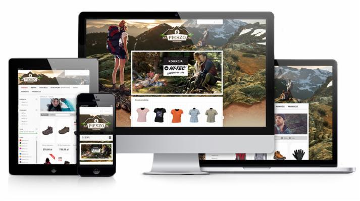 Responsywny układ strony sklepu internetowego 'napieszo.pl' wyświetlany na monitorze, laptopie, tablecie i smartfonie, prezentujący ofertę odzieży i obuwia outdoorowego.