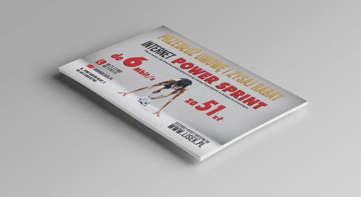 Ulotka reklamowa internetu Power Sprint z wizerunkiem sprintera, informacją o prędkości do 6 Mbit/s i cenie 51 zł, leżąca pod kątem na jasnym tle.