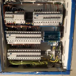 Rozdzielnica elektryczna w trakcie montażu, widoczne bezpieczniki, przewody, listwy zaciskowe, szyna DIN oraz niebieska taśma malarska zabezpieczająca ścianę.