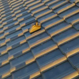 Szare dachówki ceramiczne ułożone rzędami, z kominkiem wentylacyjnym w kolorze brązowym, oświetlone popołudniowym słońcem.