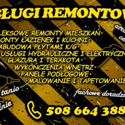 Grafika reklamowa usług remontowych: kompleksowe remonty mieszkań, łazienek, kuchni, zabudowa K/G, usługi hydrauliczne, elektryczne, glazura, terakota, wykończenia wnętrz.
