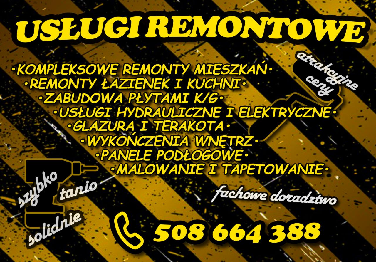 Grafika reklamowa usług remontowych: kompleksowe remonty mieszkań, łazienek, kuchni, zabudowa K/G, usługi hydrauliczne, elektryczne, glazura, terakota, wykończenia wnętrz.