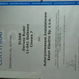 Skan certyfikatu autoryzacji instalatora Eaton Electric Sp. z o.o. dla firmy ELDAB Dariusza Budera z Gutkowa, potwierdzający kwalifikacje w zakresie montażu sprzętu Eaton.