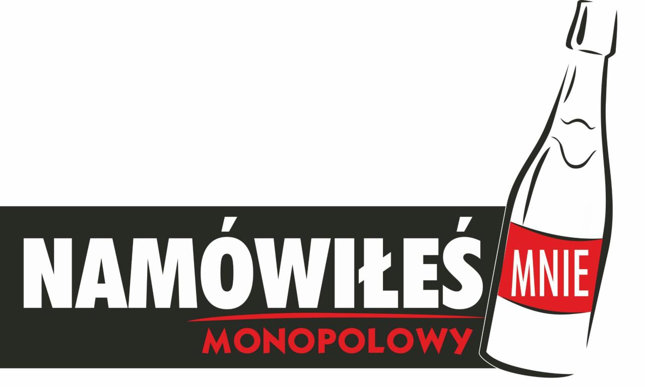 Grafika reklamowa z napisem 'Namówiłeś mnie' i stylizowaną butelką, w kolorach czerni, bieli i czerwieni, sugerująca sprzedaż alkoholu.