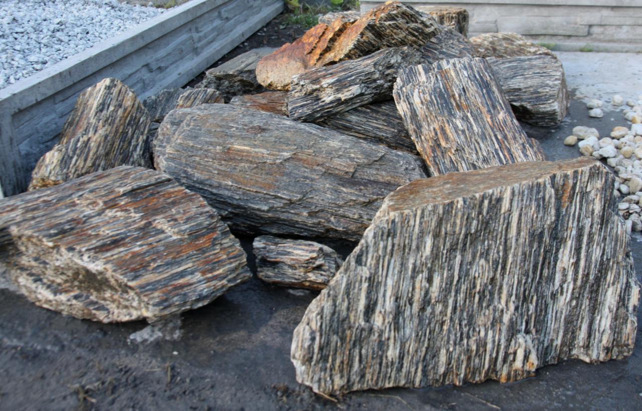 Dekoracyjne kamienie ogrodowe o unikalnej, warstwowej strukturze, ułożone na ziemi. W tle widoczny betonowy murek i drobny żwir.