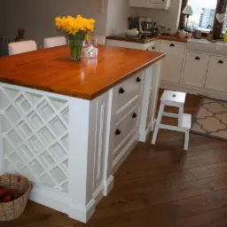 Wyspa kuchenna z blatem z jasnego drewna i białymi frontami z dekoracyjną kratką, uzupełniona wazonem z żółtymi narcyzami i koszykiem z jabłkami.