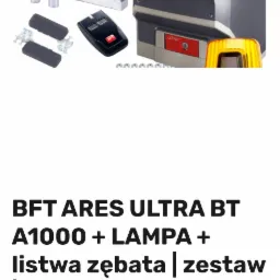 Zestaw do automatyzacji bram przesuwnych BFT ARES ULTRA BT A1000, zawierający napęd, listwę zębatą, lampę ostrzegawczą i pilot.